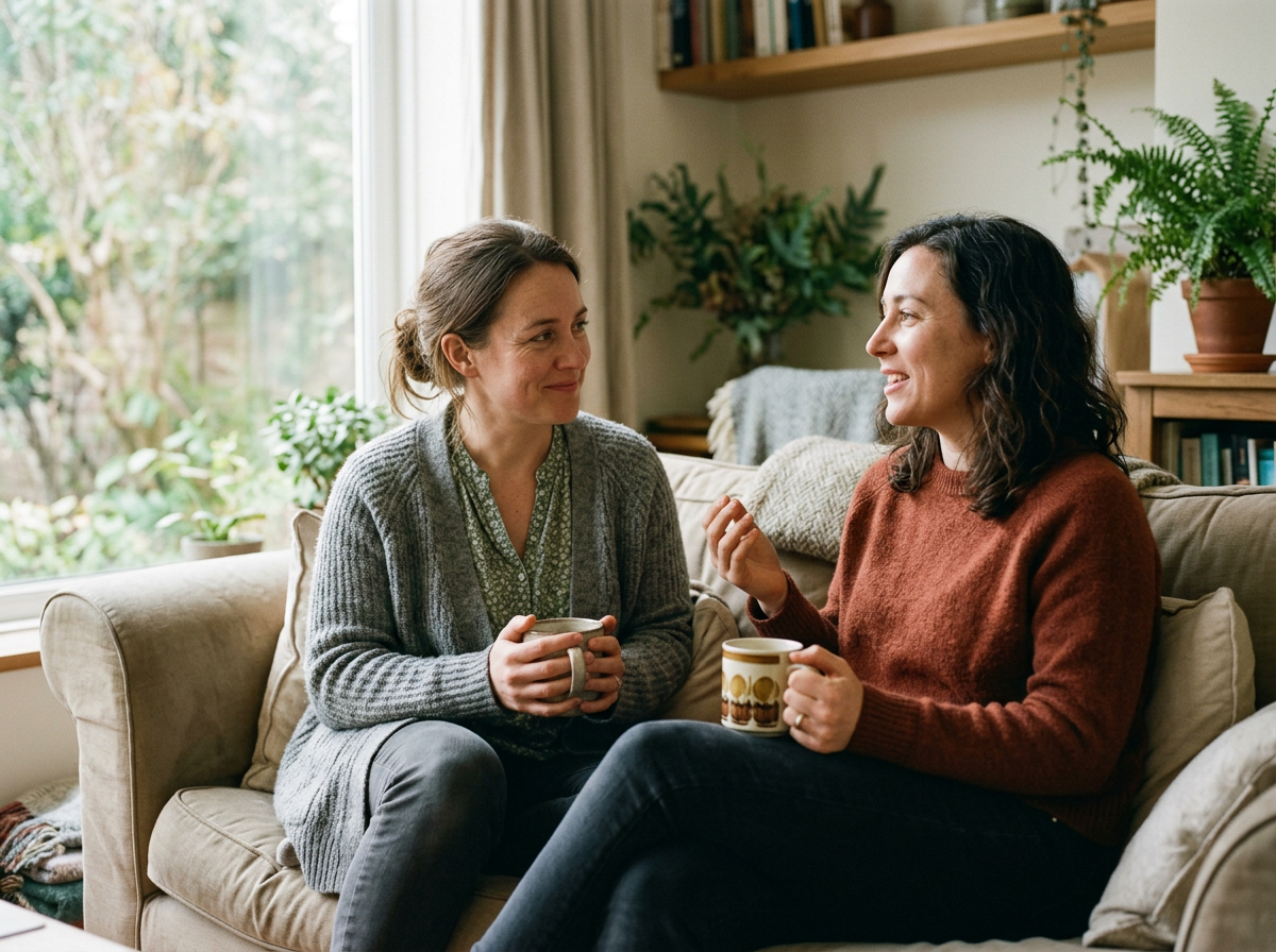 Two women talking over mugs of tea on a sofa in a bright, plant-filled living room