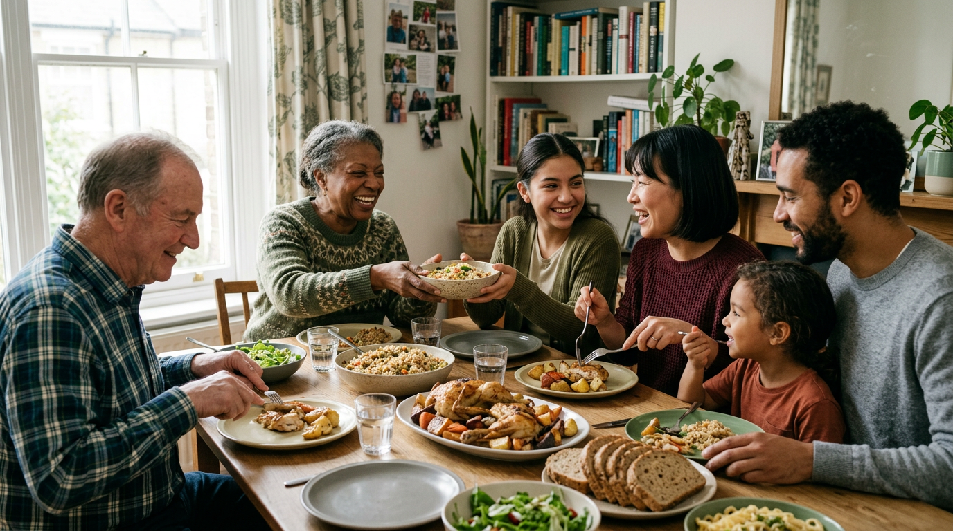 A diverse family of different ages sharing a relaxed home cooked meal at the table