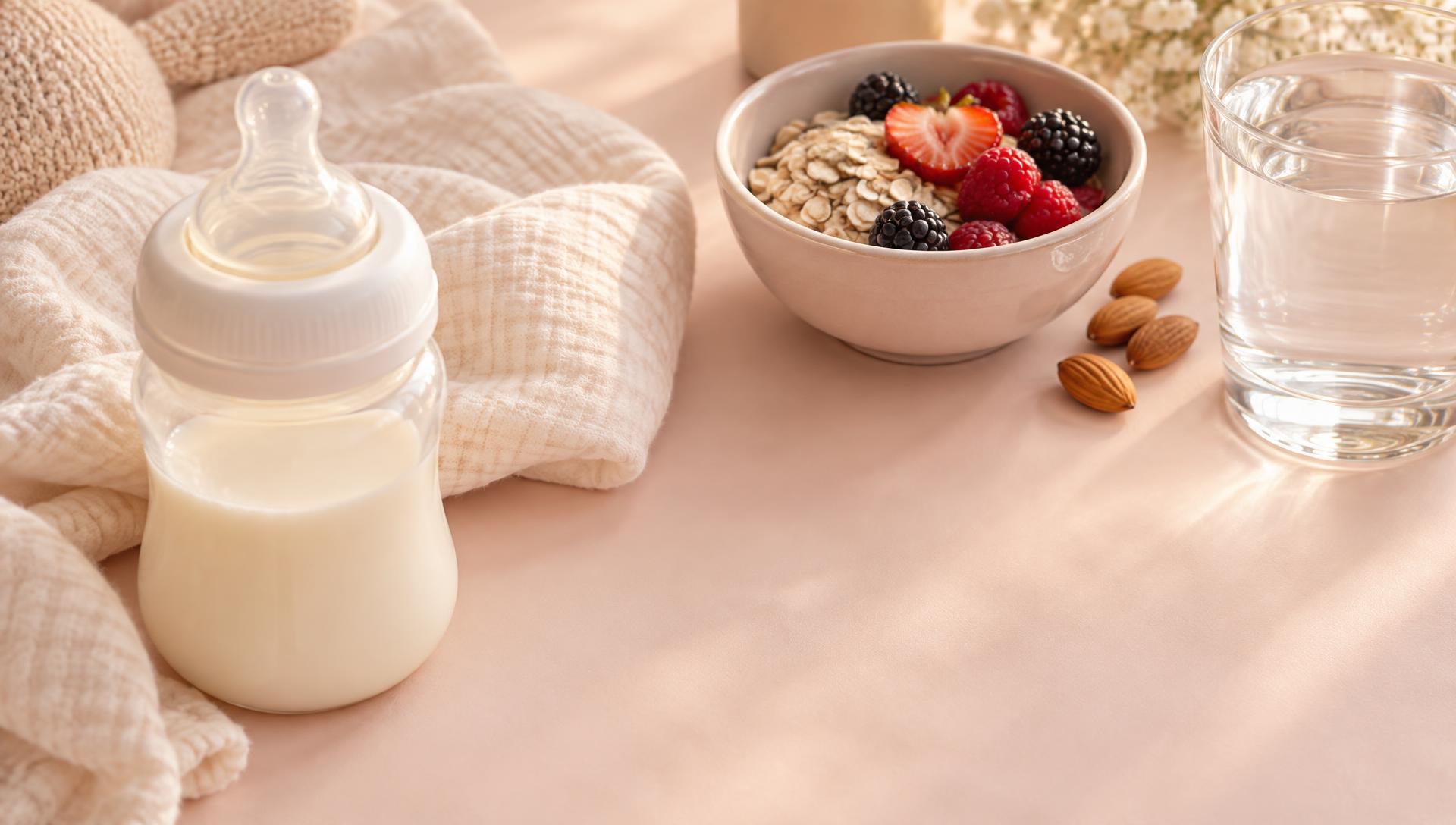 A close still life of a baby bottle of milk, folded muslin cloth, oats with berries, almonds, and a glass of water on a pale nursery-side surface in gentle morning light, with no people