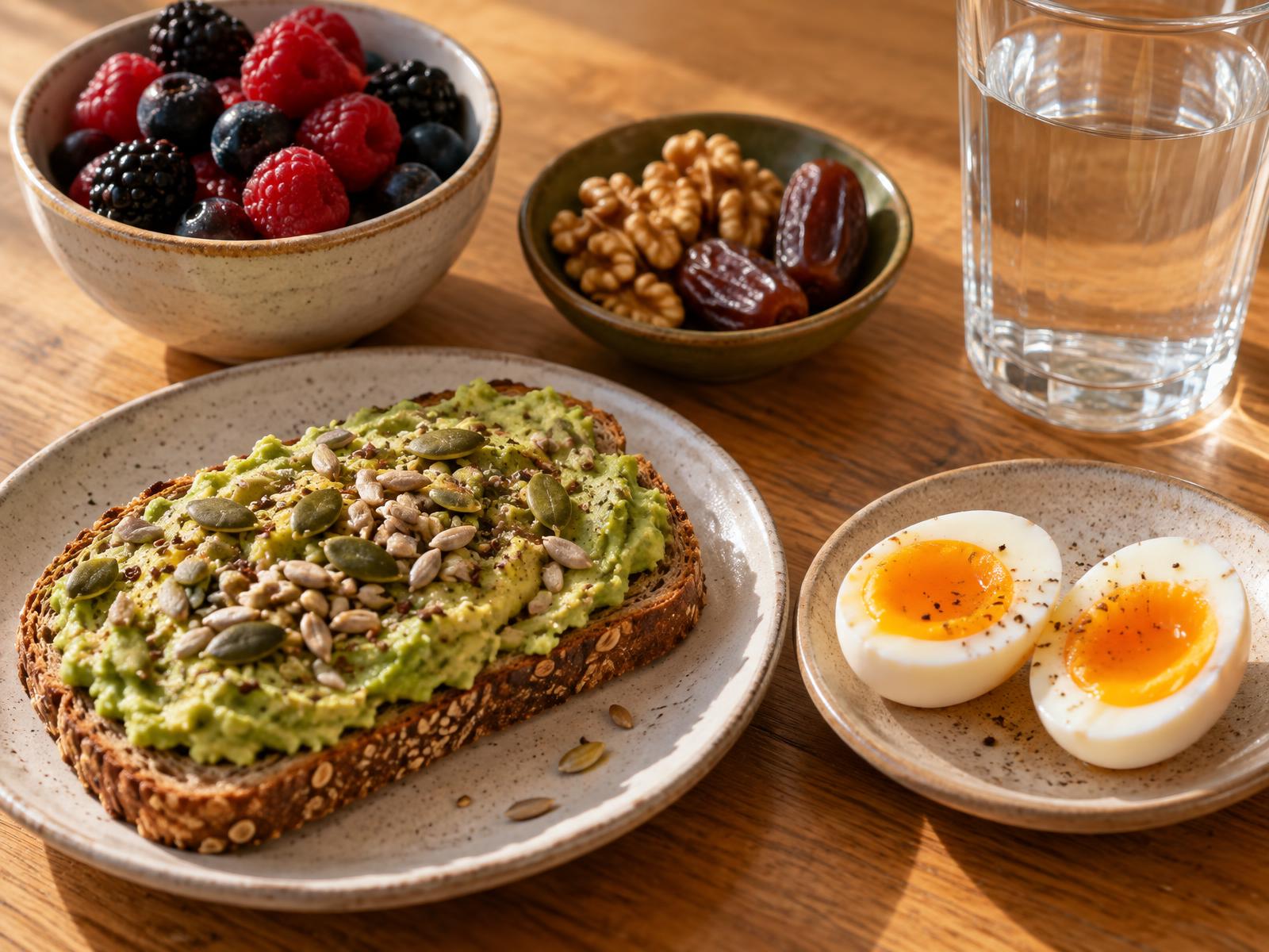 Avocado toast, soft-boiled eggs, berries, walnuts and dates with a glass of water on a wooden table