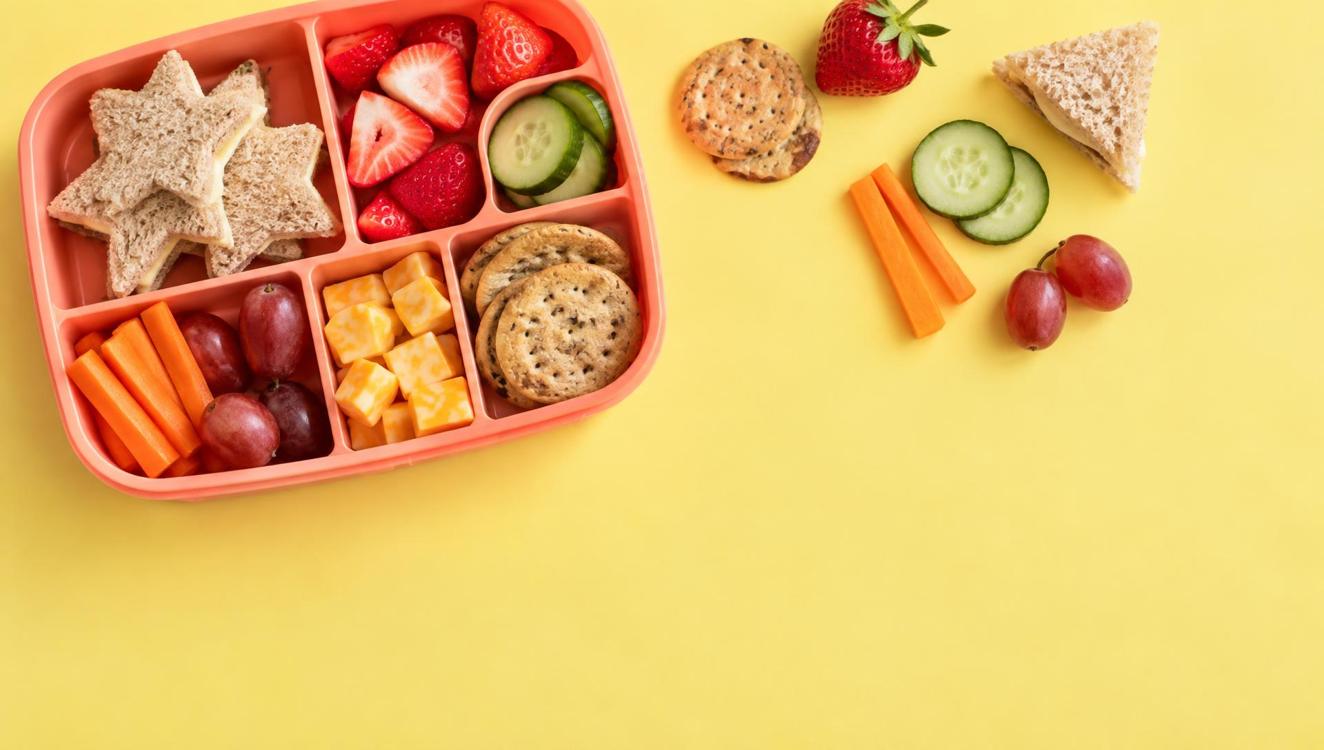 A top-down view of a child’s divided lunchbox with star-shaped sandwiches, strawberries, cucumber coins, cheese cubes, crackers, carrot sticks, and grapes on a cheerful light yellow surface, with no people