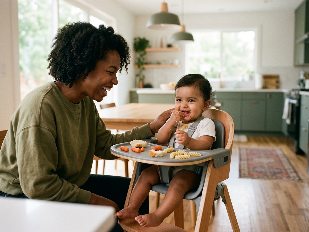 A caregiver laughing beside a happy baby exploring finger foods in a highchair