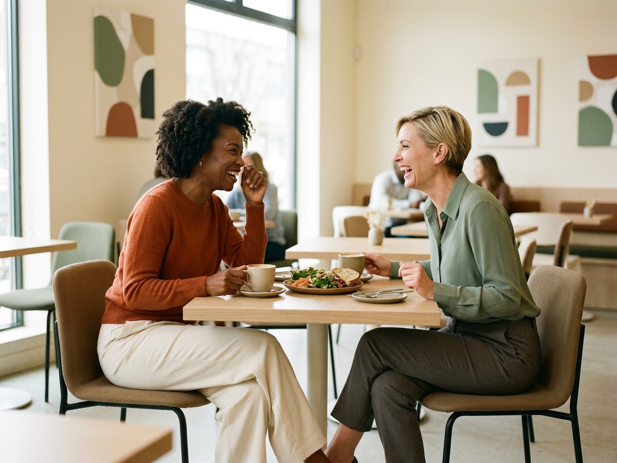 Two midlife women laughing together over coffee and lunch at a bright modern cafe