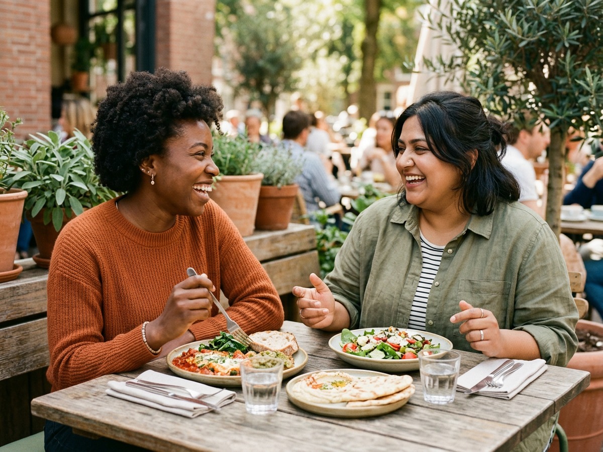 Two friends laughing together over plates of salad, bread, and flatbread at a sunny outdoor cafe table