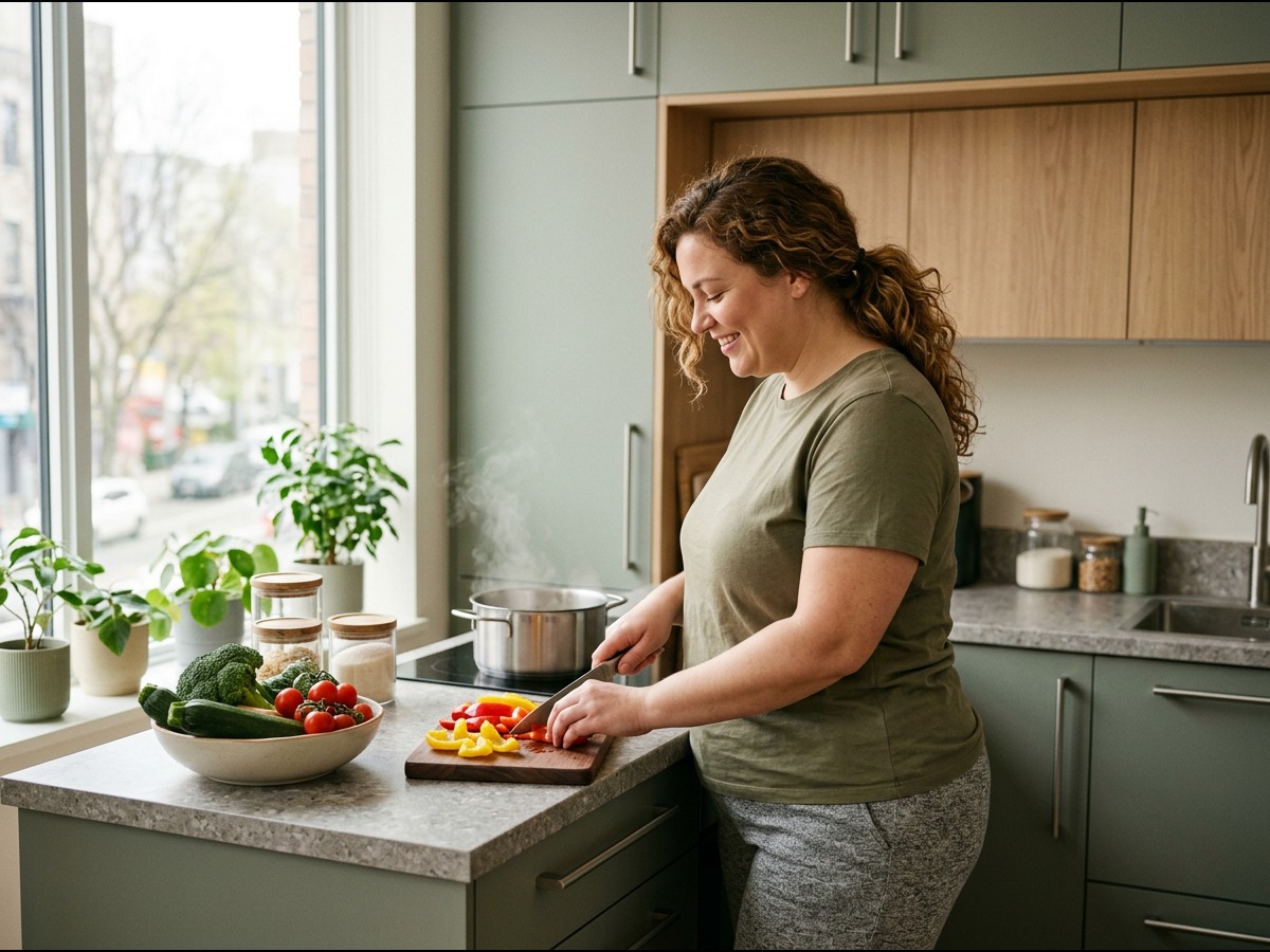 A woman smiling while chopping colorful peppers beside fresh vegetables and a steaming pot in a bright modern kitchen