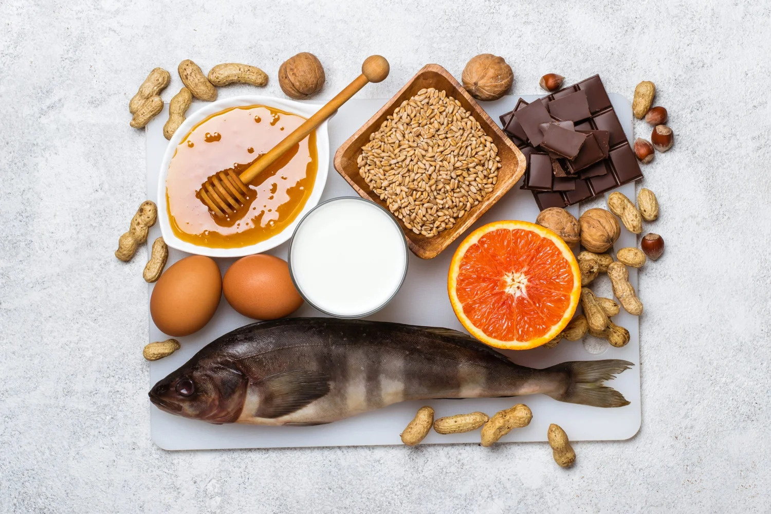 Common allergen foods including fish, eggs, milk, peanuts, wheat and soy