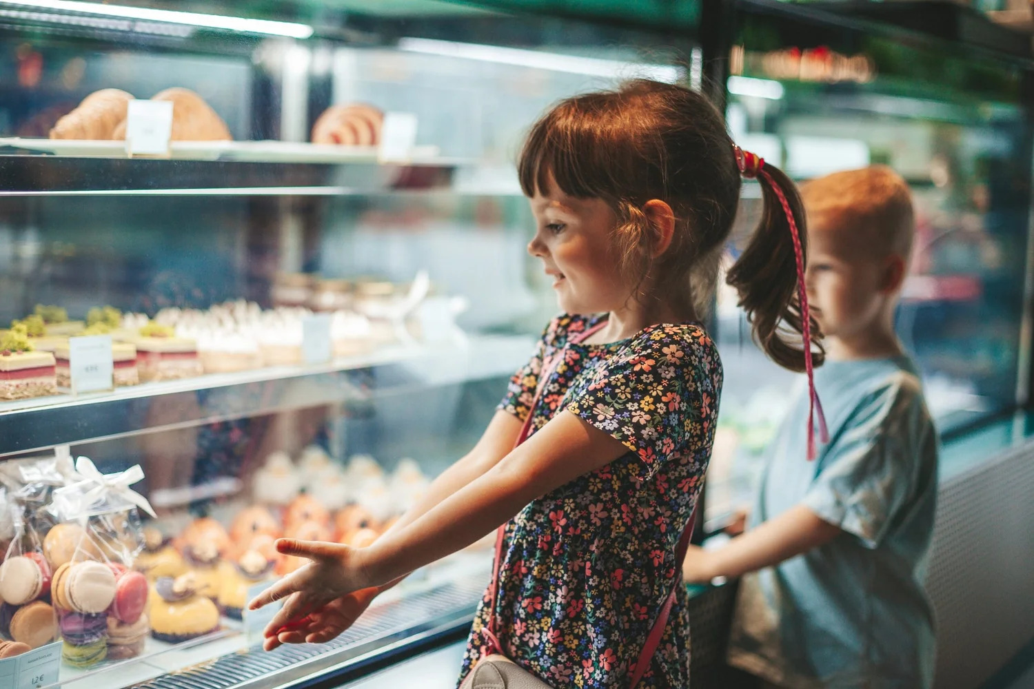 Two young children looking into a bakery display case of desserts