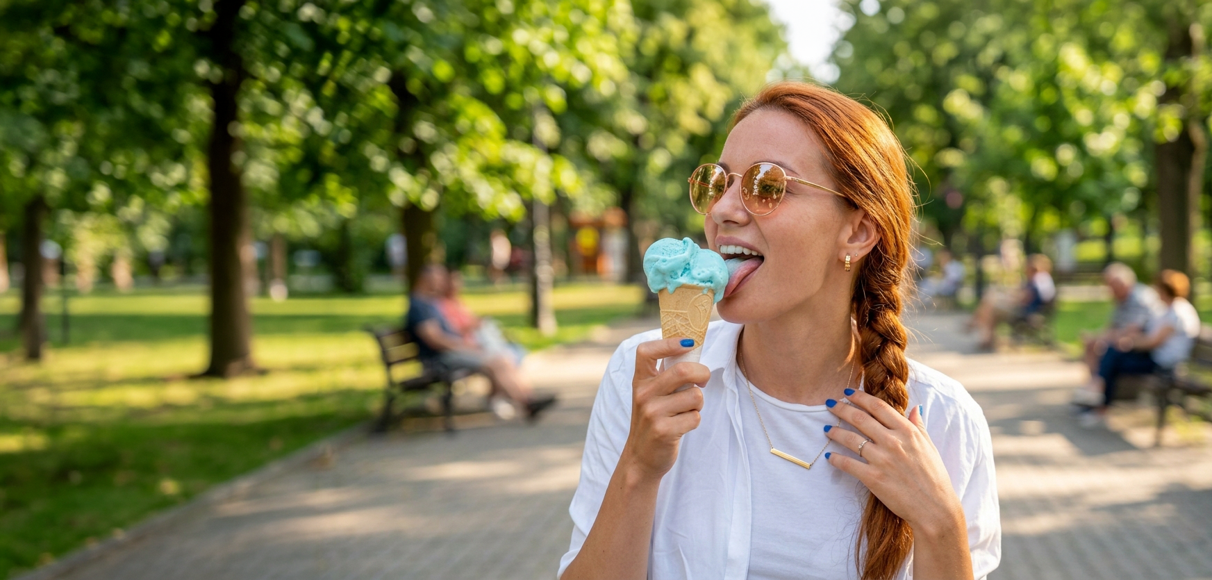 A young woman with a red braid enjoying an ice cream cone on a sunny park path