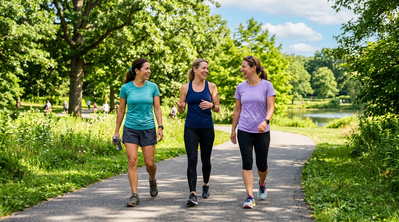 Three women in workout clothes laughing together as they walk a sunlit park path