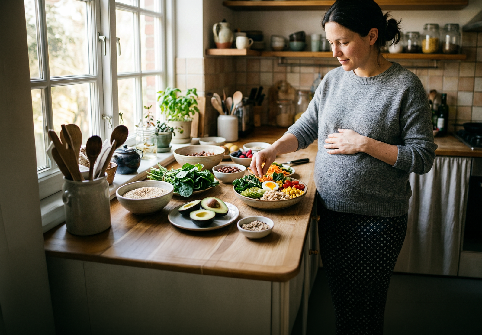 A pregnant woman assembling a colorful grain bowl of greens, avocado, eggs, and vegetables at her sunlit kitchen counter, one hand resting on her belly